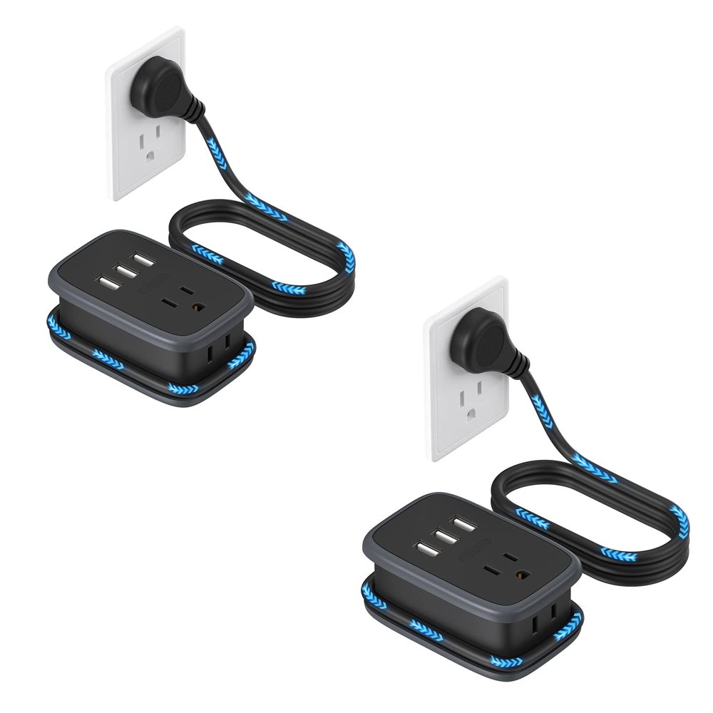 2 Pack Travel Power Strip, NTONPOWER Portable Flat Plug Power Strip with 2 Outlets 3 USB Ports, Wrapped Extension Cord 3 ft, Cruise Approved, Compact Size for Home Office Hotel, Travel Essentials