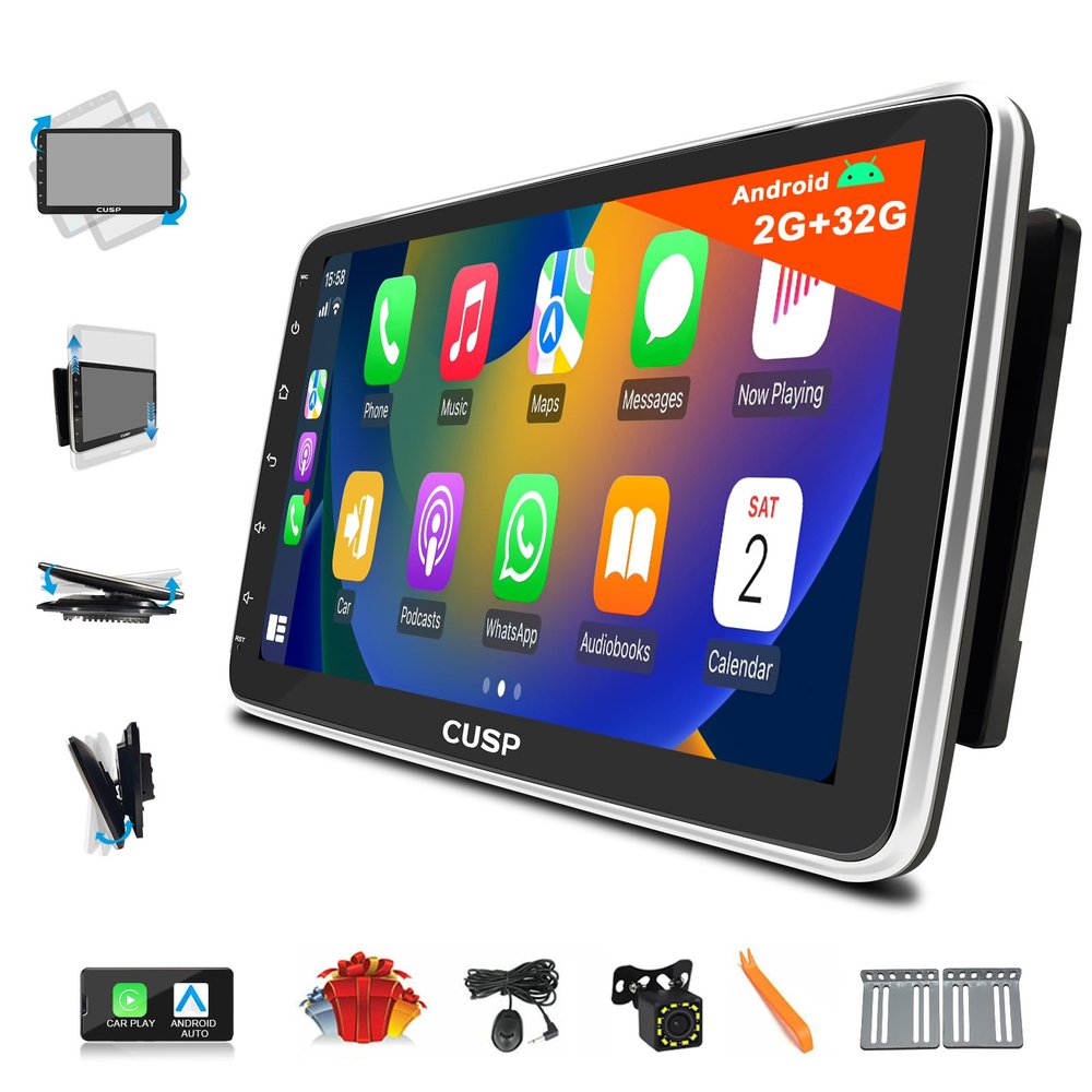 10.1 Inch Android Car Stereo Radio GPS with Manual Rotation 360 Universal Multimedia Player, Up & Down, Left & Right,1280X720 QLED Screen with Car Play and Android Auto,FM Bluetooth in-Dash Kit