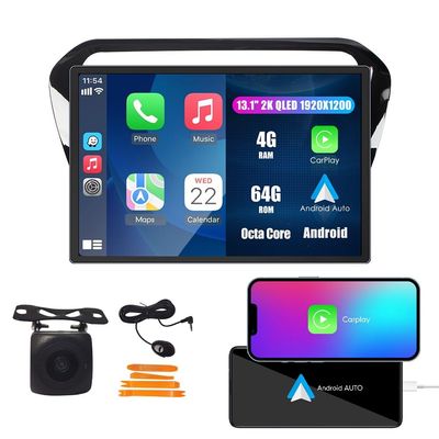 Kunfine Car CarPlay Android Auto Navigation Stereo GPS Radio Camera Display 13.1" QLED Touchscreen Headunit Tablet Media Player for Peugeot 301 2013-2025, if Applicable Octa Core 4G+64G Gloss Black