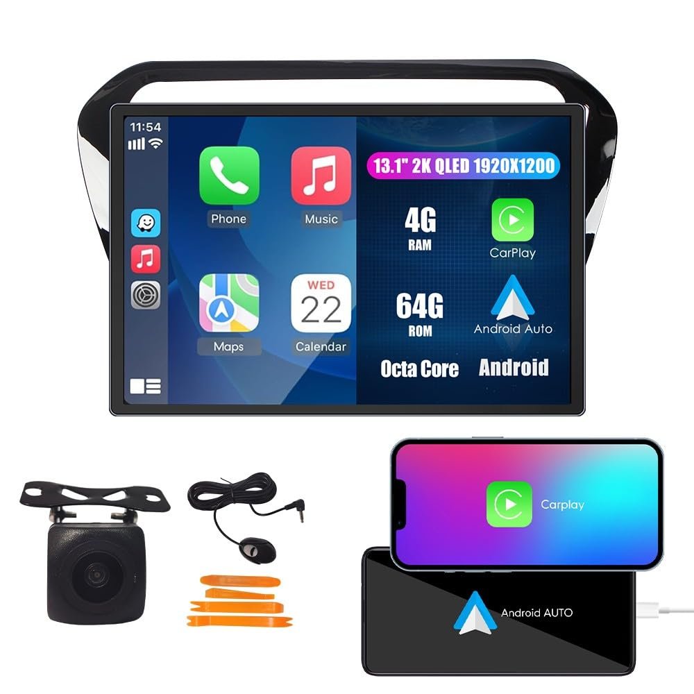 Kunfine Car CarPlay Android Auto Navigation Stereo GPS Radio Camera Display 13.1" QLED Touchscreen Headunit Tablet Media Player for Peugeot 301 2013-2025, if Applicable Octa Core 4G+64G Gloss Black