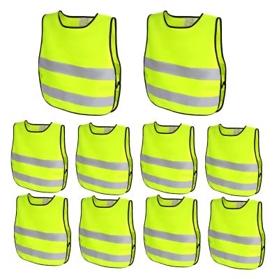 TopTie 10 Pack Kids Adjustable Reflective Vests, Reinforced High Visibility-Neon Green-L