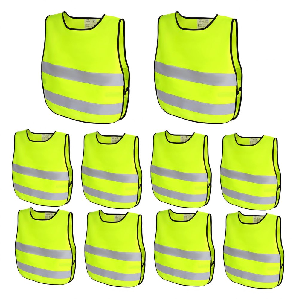 TopTie 10 Pack Kids Adjustable Reflective Vests, Reinforced High Visibility-Neon Green-L