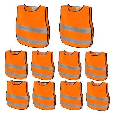 TOPTIE 10 Pack Kids Adjustable Reflective Vests, Reinforced High Visibility-Neon Orange-M