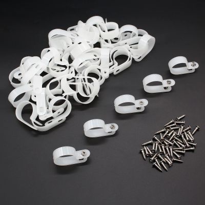 Coufce 50Pcs 1 Inch R-Type Cable Clip, P-Style Mounting Clips, Nylon Cable Clip Wire Clamp, Rope Light Screw Mounting Fastener Clips with Pan Head Phillips Screws for Cable Management(White)