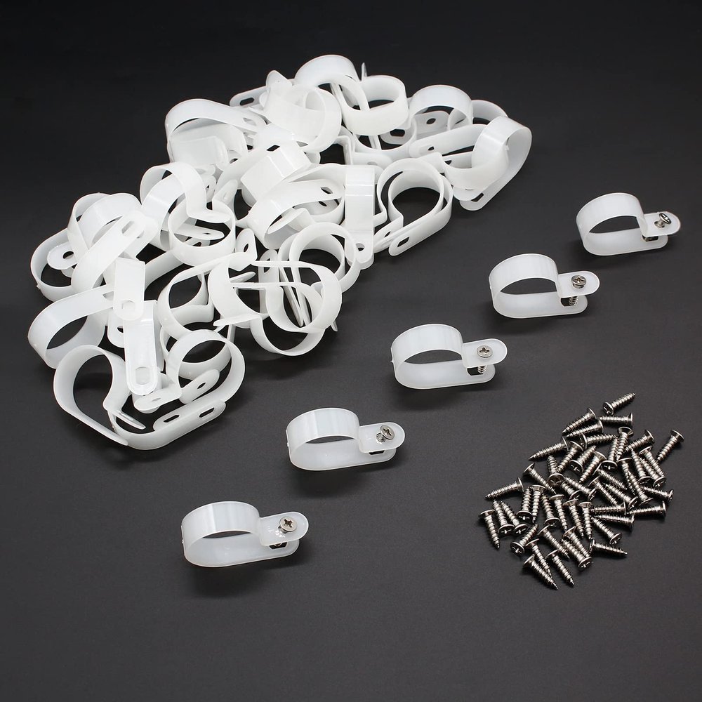 Coufce 50Pcs 1 Inch R-Type Cable Clip, P-Style Mounting Clips, Nylon Cable Clip Wire Clamp, Rope Light Screw Mounting Fastener Clips with Pan Head Phillips Screws for Cable Management(White)