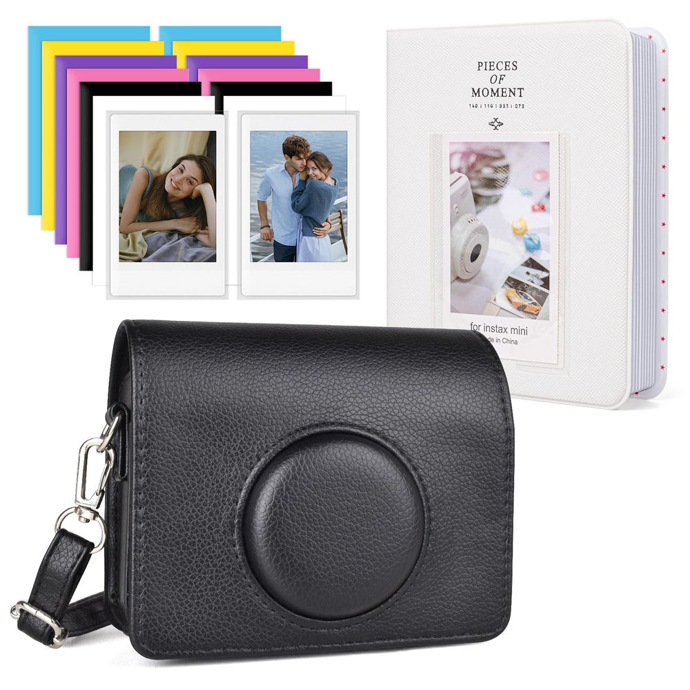 HIYQIN Mini Evo Protective Case - Case and Album Bundle Compatible with Fujifilm Instax Mini Evo Instant Camera - Instax Evo Case with Shoulder Strap - Black+Black