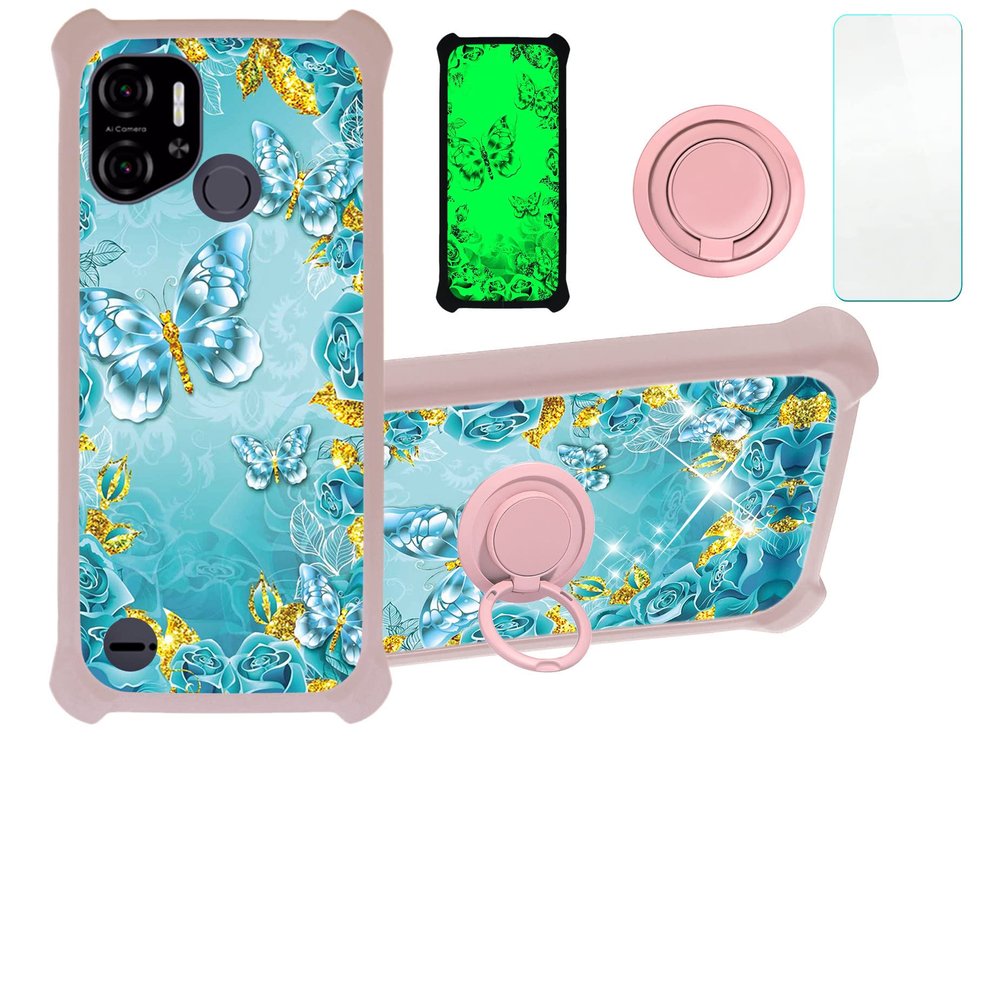 jioeuinly Sky Elite C63 Case Compatible with Sky Devices Elite C63 Phone Case Cover [with Tempered Glass Screen Protector][Hard PC + Soft Silicone][Ring Support] [Gold Glitter+Luminous] JSF-YHD