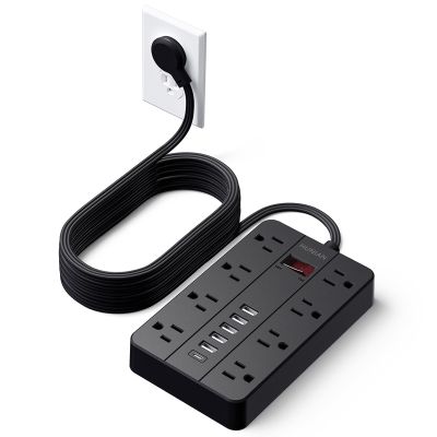 15 Ft Long Extension Cord Power Strip Surge Protector, HUNIAN Flat Plug with 8 Widely Spaced Outlets 6 USB, Wall Mount Charging Station for Home and Office, Black