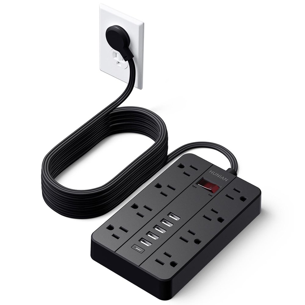 15 Ft Long Extension Cord Power Strip Surge Protector, HUNIAN Flat Plug with 8 Widely Spaced Outlets 6 USB, Wall Mount Charging Station for Home and Office, Black