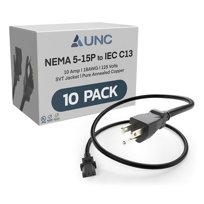 10 Pack UNC 12ft (3.6m) Power Cord NEMA 5-15P to IEC C13 10Amp 18AWG 125V SVT Jacket 515P-C13 PDU PC Cable Monitor UL Listed, Black, 12 Foot