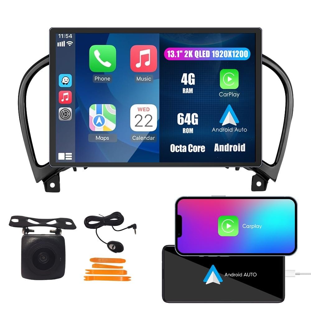 Car CarPlay Android Auto Navigation Stereo GPS Radio Display 13.1" QLED Touchscreen Headunit Tablet Pad Media Player for Nissan Juke 2011-2017, if Applicable Octa Core 4G+64G