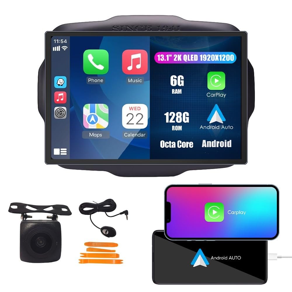 Kunfine Car CarPlay Android Auto Navigation Stereo GPS Radio Reverse Camera Display 13.1" QLED Touchscreen Headunit Tablet Pad Media Player For Jeep Renegade 2015-2023, if Applicable Octa Core 6G+128G