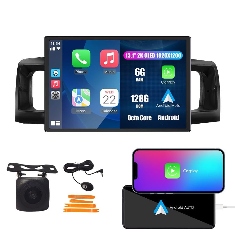 Car CarPlay Android Auto Navigation Stereo GPS Radio 13.1" QLED Touchscreen Headunit Tablet Media Player for Toyota Corolla 2003-2008, if Applicable Octa Core 6G+128G Black