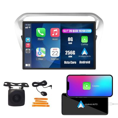 Kunfine Car CarPlay Android Auto Navigation Stereo GPS Radio Reverse Camera Display 13.1" QLED Touchscreen Headunit Tablet Pad Media Player For Peugeot 301 13-25 if Applicable Octa Core 8G+256G Silver