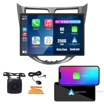 Kunfine Car CarPlay Android Auto Navigation Stereo GPS Radio Display 13.1" QLED Touchscreen Headunit Tablet Media Player for Hyundai Accent 12-17, if Applicable Octa Core 8G+256G Silver