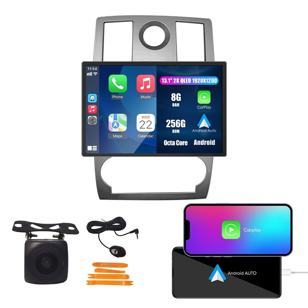 Kunfine Car CarPlay Android Auto Navigation Stereo GPS Radio Reverse Camera Display 13.1" QLED Touchscreen Headunit Tablet Pad Media Player for Chrysler 300 2005-2010, if Applicable Octa Core 8G+256G