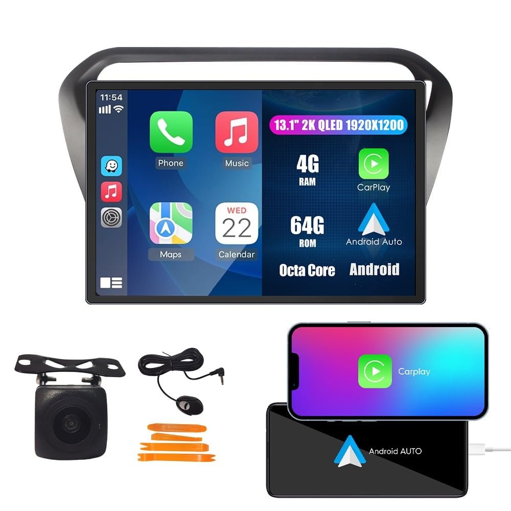 Kunfine Car CarPlay Android Auto Navigation Stereo GPS Radio Camera Display 13.1" QLED Touchscreen Headunit Tablet Media Player for Peugeot 301 2013-2025, if Applicable Octa Core 4G+64G Matte Black