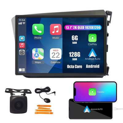 Kunfine Car CarPlay Android Auto Navigation Stereo GPS Radio Reverse Camera Display 13.1" QLED Touchscreen Headunit Tablet Media Player for Honda Civic 2012-2015 RHD, if Applicable Octa Core 6G+128G