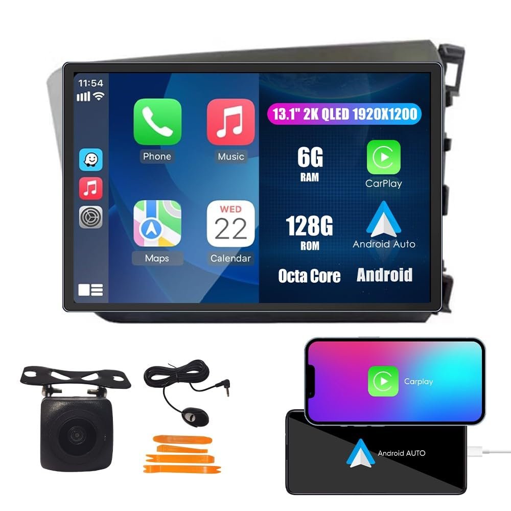 Kunfine Car CarPlay Android Auto Navigation Stereo GPS Radio Reverse Camera Display 13.1" QLED Touchscreen Headunit Tablet Media Player for Honda Civic 2012-2015 RHD, if Applicable Octa Core 6G+128G