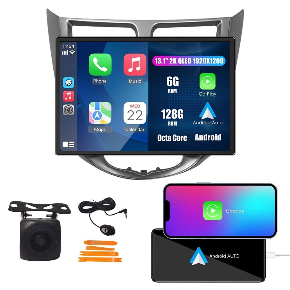 Kunfine Car CarPlay Android Auto Navigation Stereo GPS Radio Display 13.1" QLED Touchscreen Headunit Tablet Media Player for Hyundai Accent 12-17, if Applicable Octa Core 6G+128G Silver