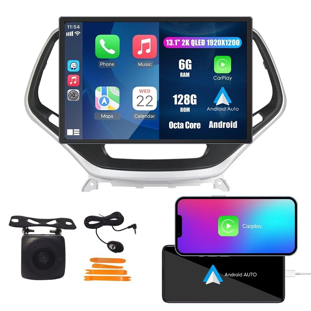 Kunfine Car CarPlay Android Auto Navigation Stereo GPS Radio Reverse Camera Display 13.1" QLED Touchscreen Headunit Tablet Pad Media Player For Jeep Cherokee 2015-2019, if Applicable Octa Core 6G+128G