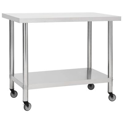 vidaXL Stainless Steel Kitchen Work Table with Wheels and Storage Rack - Moveable, Durable, and Easy-to-Clean, 39.4"x11.8"x33.5" Ideal for Food Prep and Serving