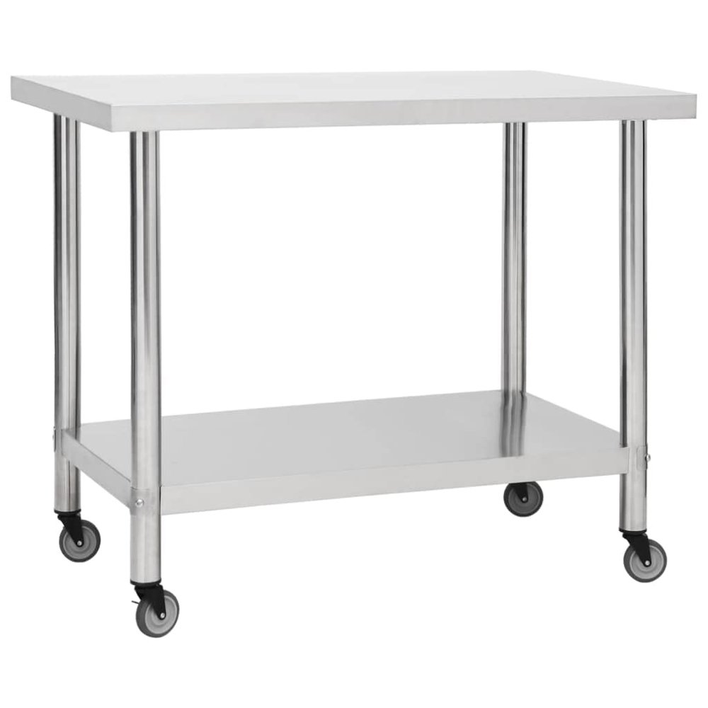 vidaXL Stainless Steel Kitchen Work Table with Wheels and Storage Rack - Moveable, Durable, and Easy-to-Clean, 39.4"x11.8"x33.5" Ideal for Food Prep and Serving