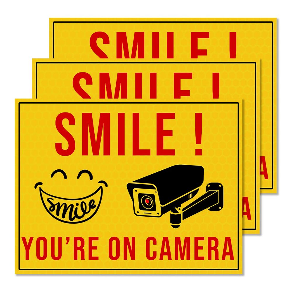 GOLEEX Pack 4 Pcs Smile You're On Camera Stickers Security Notice Bumper Sticker Outdoor Window Automotive Exterior Decal Reflective Video Surveillance Label for House Decoration