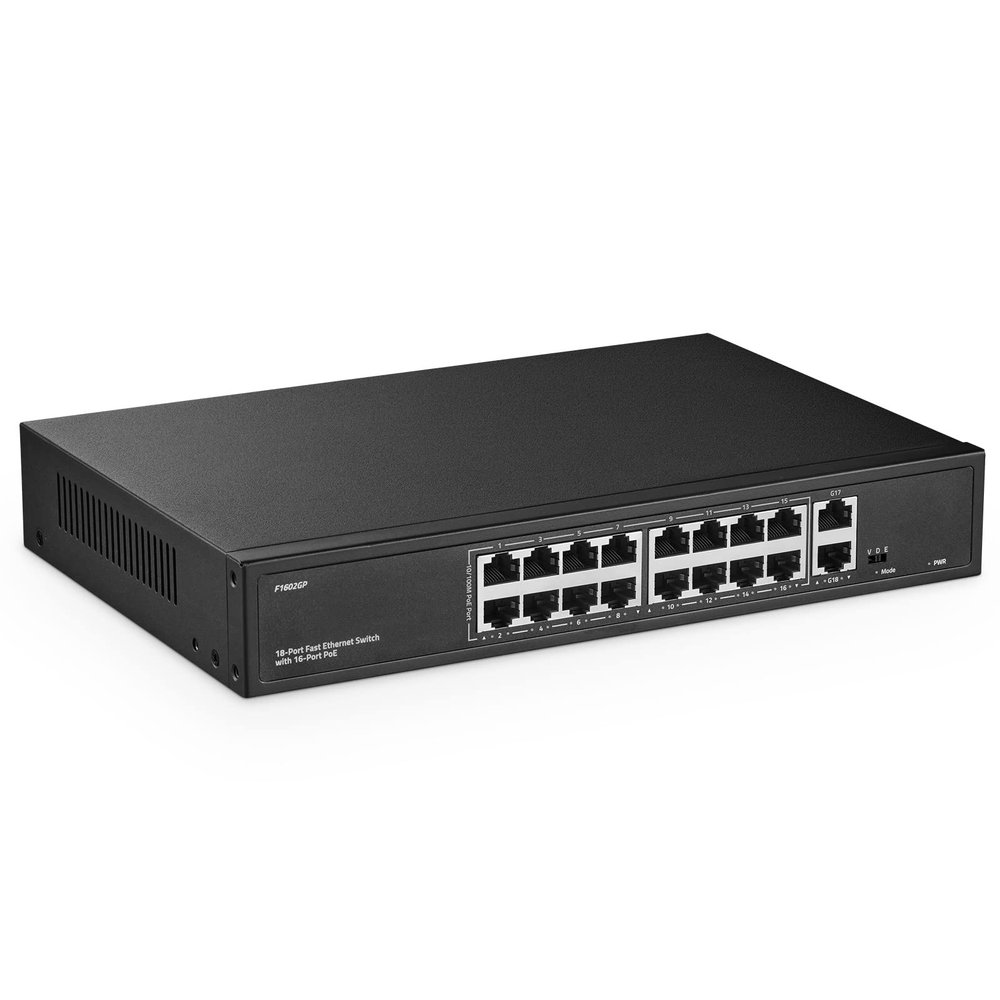 16 Port PoE Switch with 2 Gigabit Uplink, 10/100Mbps PoE+ Ports, 100/1000Mbps Uplink, IEEE802.3af/at, Max 200W, VLAN & PoE Extend 250m, YuLinca Metal RackMount Fanless Unmanaged Ethernet Switch