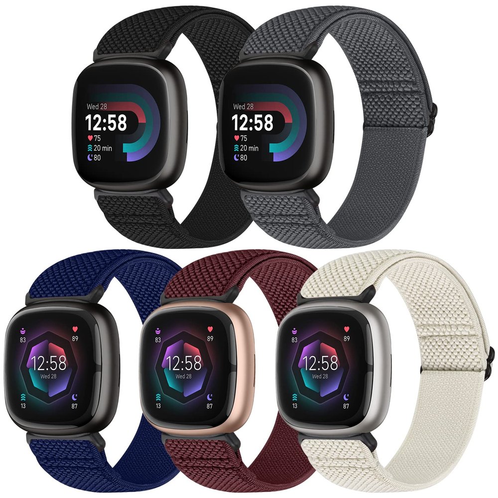 Bcuckood Compatible with Fitbit Versa 4/Versa 3/Sense 2/Sense Band Women Men, 5 Pack Elastic Nylon Soft Adjustable Stretchy Solo Loop Replacement Strap for Women Men