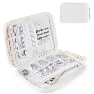 Mkono Electronics Organizer Travel Cable Cord Organizer Cotton Bag, Portable All-in-One Accessories Travel Essentials Storage Case with Tassel for Cable Charger Phone USB Pouch for Women, White