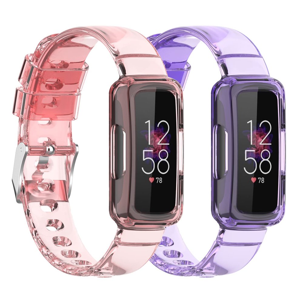 2 PACK Bands Compatible for Fitbit Inspire 3 Replacement Bands with Case Shockproof Rugged Band Strap with Protective Bumper Case Men Women (pink+purple)
