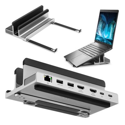 AceProAV 7 Port USB-C 14 Laptop Stand with Dual Display Docking Station, Tablet Holder Hub, Vertical Storage Desk Organizer/HDMI 8K30Hz, USB-A 5Gbps, Ethernet 1Gbps, 100W Power Delivery, Space Gray