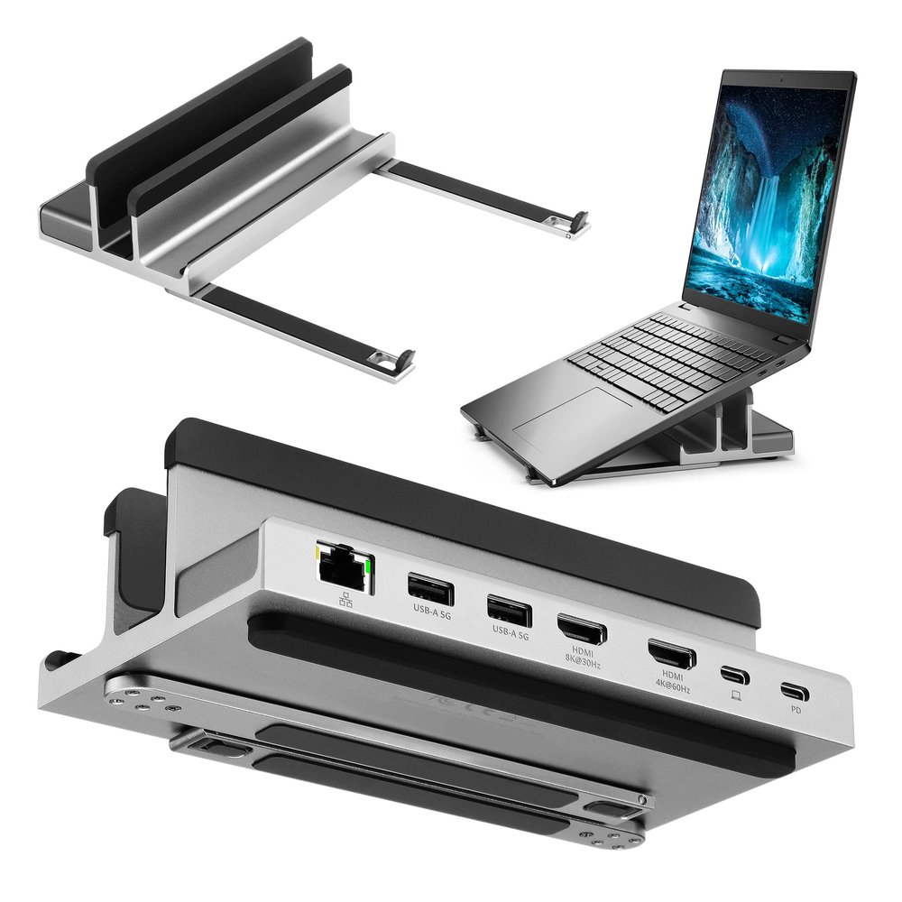 AceProAV 7 Port USB-C 14 Laptop Stand with Dual Display Docking Station, Tablet Holder Hub, Vertical Storage Desk Organizer/HDMI 8K30Hz, USB-A 5Gbps, Ethernet 1Gbps, 100W Power Delivery, Space Gray