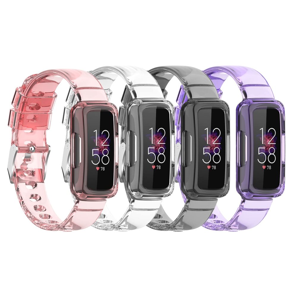 4Pack Clear Bands Compatible for Fitbit Inspire 3 Bands, Wrist Strap with Protective Bumper Case Compatible for Fitbit Inspire 3 for Men Women (pink/purple/clear/gray)