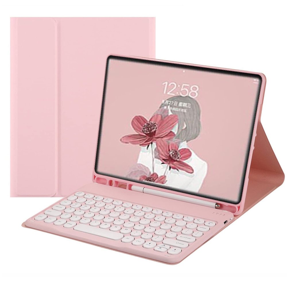 QYiiD Keyboard Case for iPad mini 6 2021 (8.3 Inch), Soft TPU Back Cover with Pencil Holder & Magnetically Detachable Wireless Round Keys Keyboard for iPad mini 6th Generation, Pink