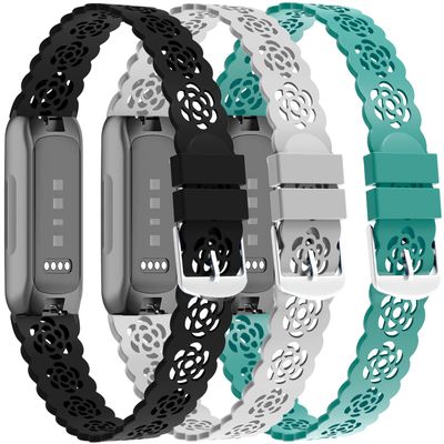3-Pack Slim Silicone Bands Compatible with Fitbit Inspire 3/Inspire 2/Inspire HR/Inspire, Lace Silicone Narrow Thin Rose Hollowed-out Sports Replacement Strap Wristband, 305