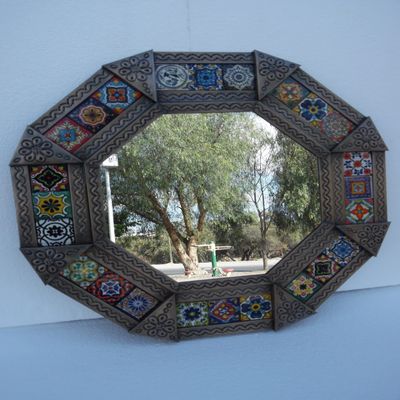 22" PUNCHED TIN MIRROR octagonal mixed talavera tiles mexican folk art