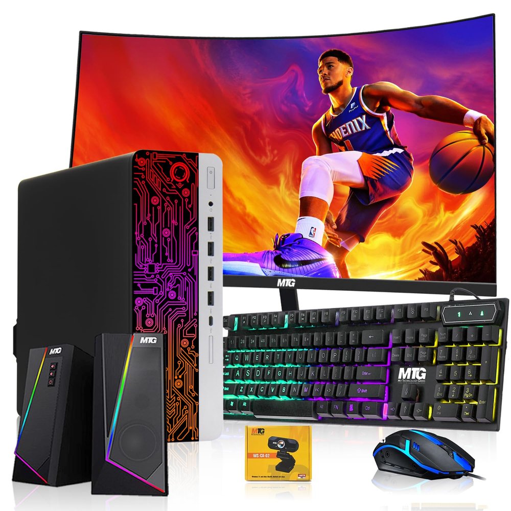 HP G3 Gaming Desktop PC, Intel Core i5 4th Gen, AMD RX 550 Graphics, 16GB RAM, 480GB SSD, MTG New 24 Inch Curved Monitor, RGB Keyboard Mouse, Speaker, Webcam, Windows 11 (Renewed)