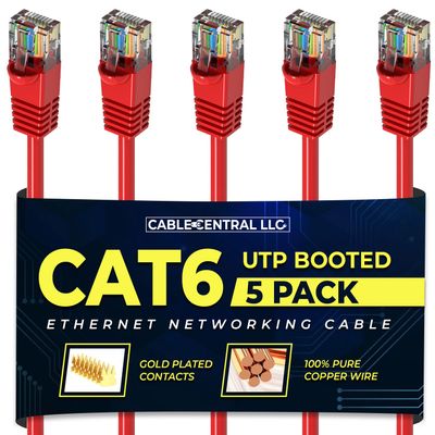 Cable Central LLC Cat 6 Ethernet Cable 8 Feet (5 Pack) High Speed Internet Patch Cord Cat 6 with RJ45 Connector - Red UTP Booted 8 Ft Computer Network Cable, Internet Cable, Cat 6 Cable