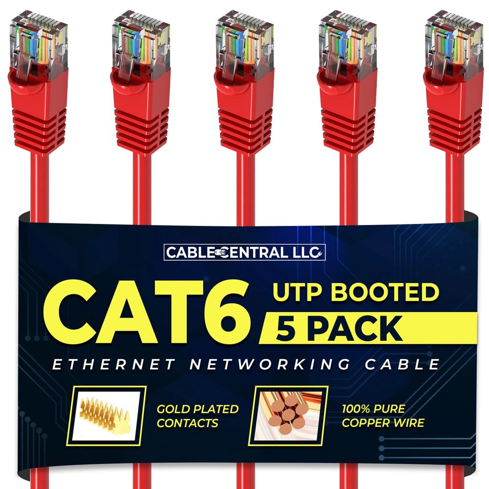 Cable Central LLC Cat 6 Ethernet Cable 8 Feet (5 Pack) High Speed Internet Patch Cord Cat 6 with RJ45 Connector - Red UTP Booted 8 Ft Computer Network Cable, Internet Cable, Cat 6 Cable