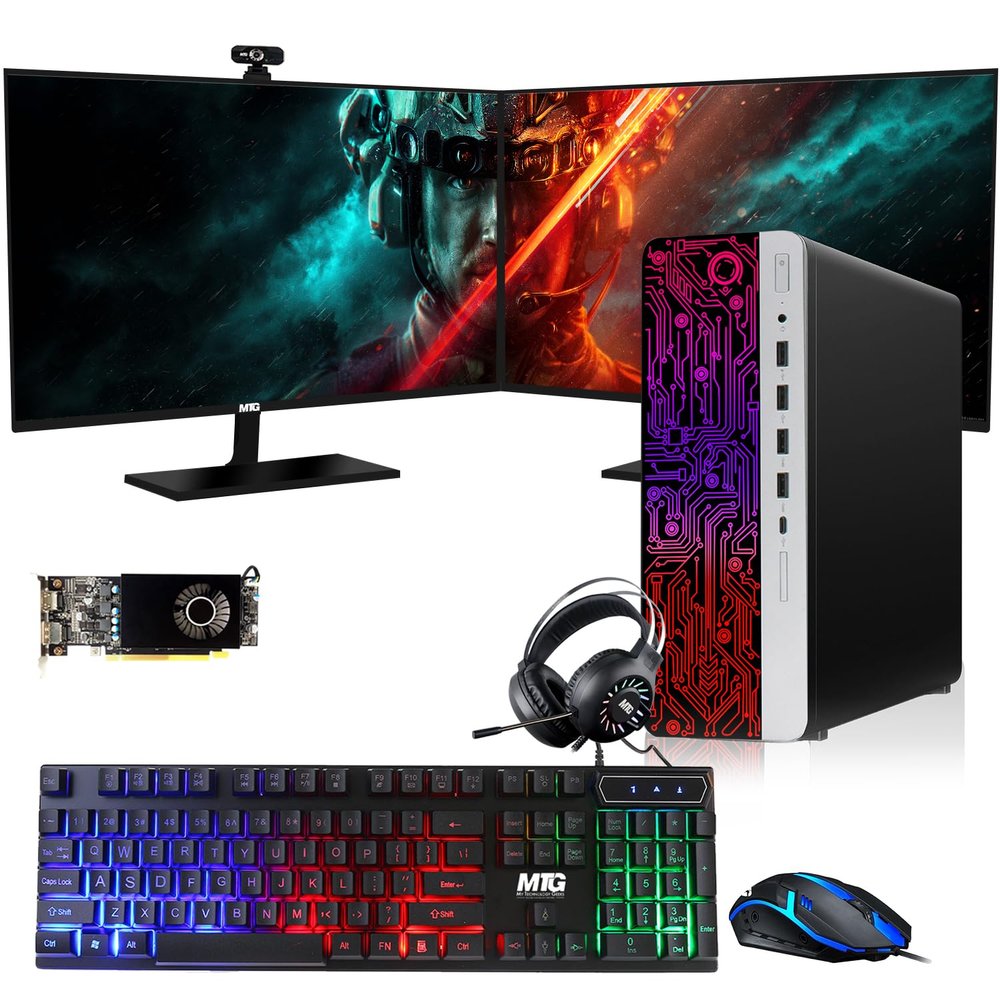 HP G3 Gaming Desktop PC, Intel Core i5 4th Gen, RX 550 Graphics, 16GB RAM, 1TB SSD, MTG New 27 Inch Dual Monitor, RGB Keyboard Mouse, Headphone, Webcam, Windows 11 (Renewed)