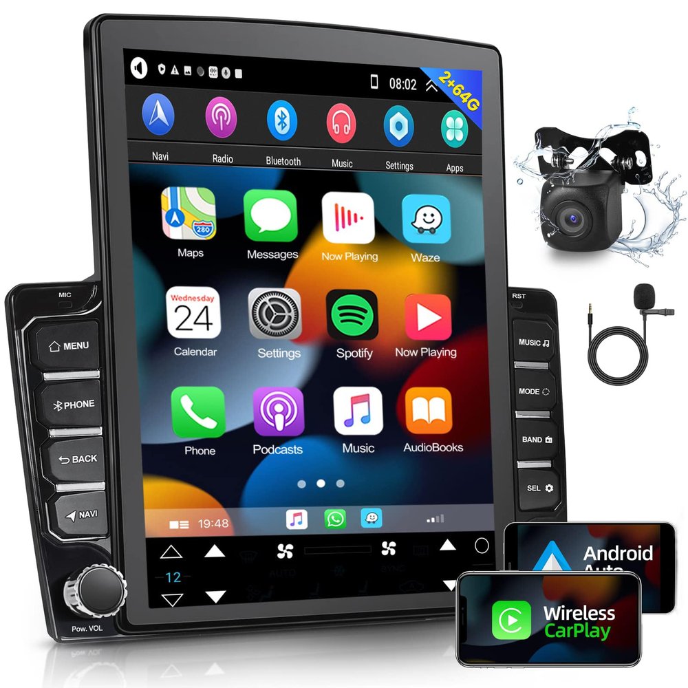 [2G+64G] Android 13 Double Din Vertical Car Stereo with Wireless/Wired Carplay & Android Auto, 9.7 inch Touch Screen Head Unit Radio, Hi-Fi/Bluetooth/SWC/GPS Navigation+ AHD Backup Camera