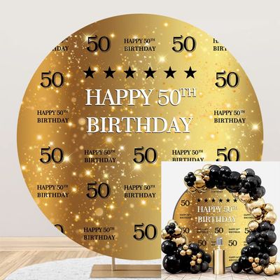 Leyiyi 6x6ft Golden 50th Birthday Round Backdrop for Adult Step and Repeat Golden Glitter Shiny Photography Background Happy 50th Birthday Backdrop Fifty Years Old Age Party Decoration Banner