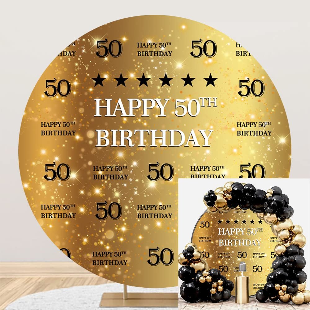 Leyiyi 6x6ft Golden 50th Birthday Round Backdrop for Adult Step and Repeat Golden Glitter Shiny Photography Background Happy 50th Birthday Backdrop Fifty Years Old Age Party Decoration Banner