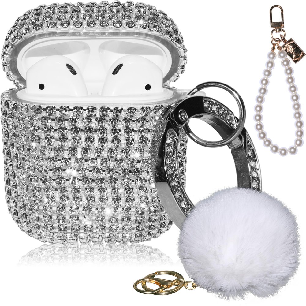4in1 Bling for AirPod Case Diamonds Cover Set Kit, Luxurious Rhinestone PC for AirPods 2/1 Case Accessories for Women w/Cute Fur Ball Pompom Keychain/Crystal Bracelet/Lobster Clasp Keychain