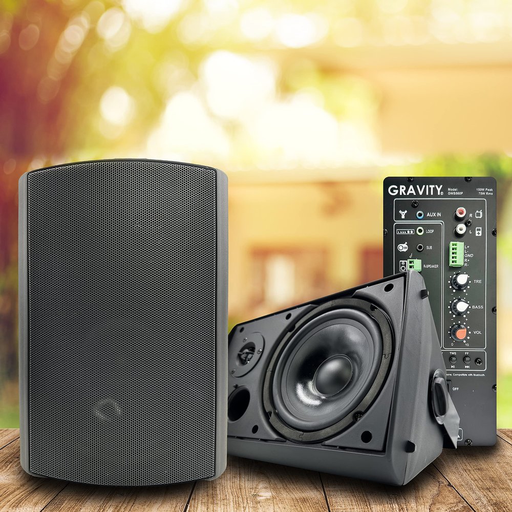 Gravity GWS560P 6.5'' Wireless BT Indoor/Outdoor/Patio Speakers - Pro-Active, Wall Mountable, 150W MAX / 75W RMS w/ 2-Way Full Range Stereo, Built-in Digital Sound Amplifier, Pair, Black Color
