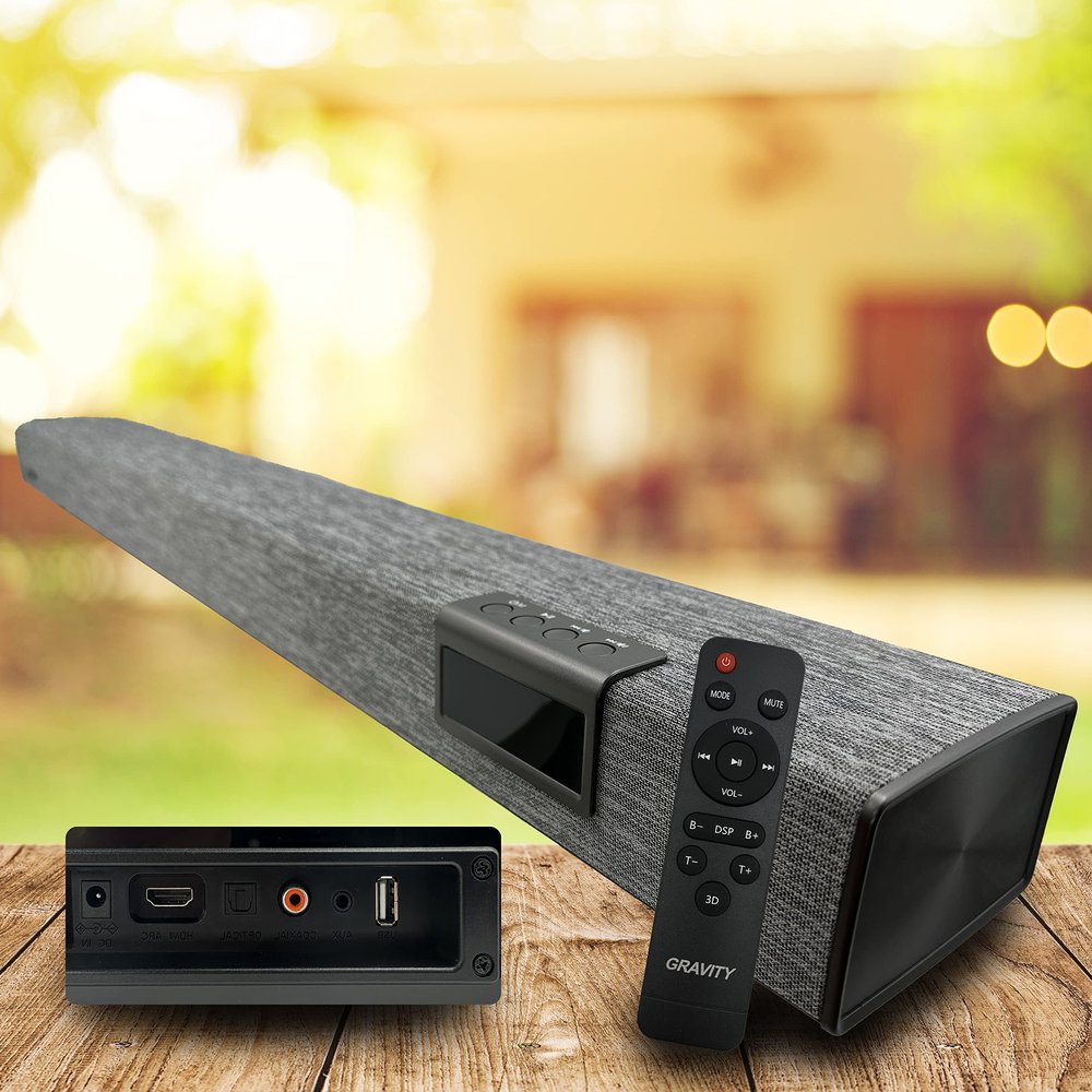 Gravity GSB500 Sound Bar for TV - Wireless 35 Inch Soundbar Speaker w/Built-in Subwoofer, Stereo Surround Sound, DSP, HDMI Bluetooth 5.0 Optical AUX USB Connectivity, Remote Control - Light Gray