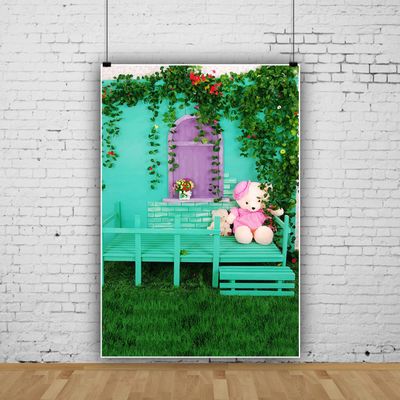 10x12ft Spring Garden Green Grass Floor Backdrop,Green Wood Door Colorful Flower Wall Green Leaves Nature Scenery Photography Background A Vibrant Garden Backdrop