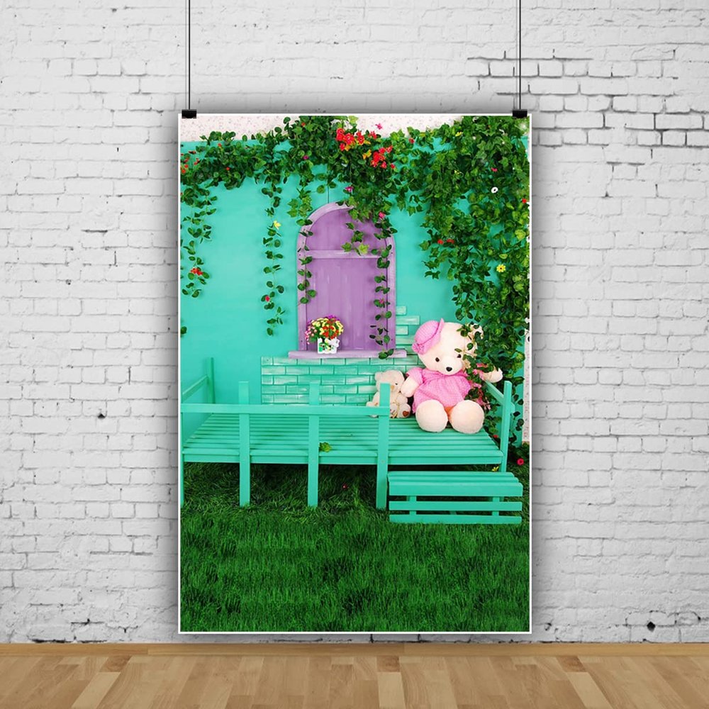 10x12ft Spring Garden Green Grass Floor Backdrop,Green Wood Door Colorful Flower Wall Green Leaves Nature Scenery Photography Background A Vibrant Garden Backdrop